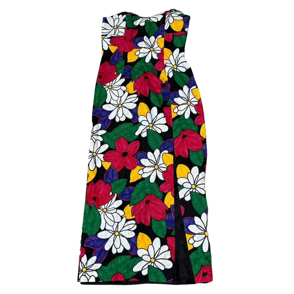 Leslie Fay Strapless Floral Maxi Dress 14 Vintage 80s Bold Mod Floral High Slit